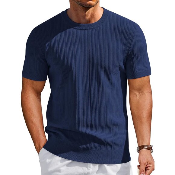 Other - Men's Navy Blue Short Sleeve Knit Casual Crewneck Ribbed Dress Tee T-Shirts